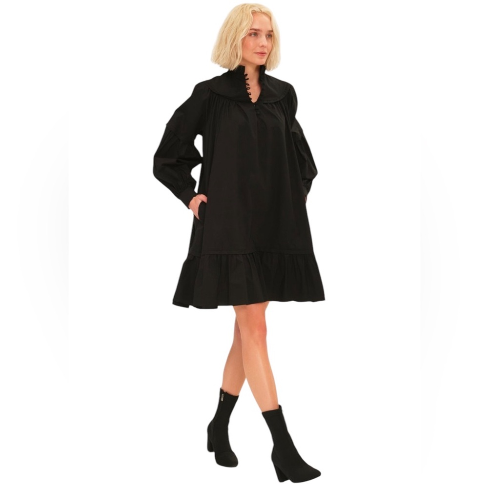 NWT Harshman Fiona Black Cotton Poplin Dress Romantic Ruffle Hem Size Small